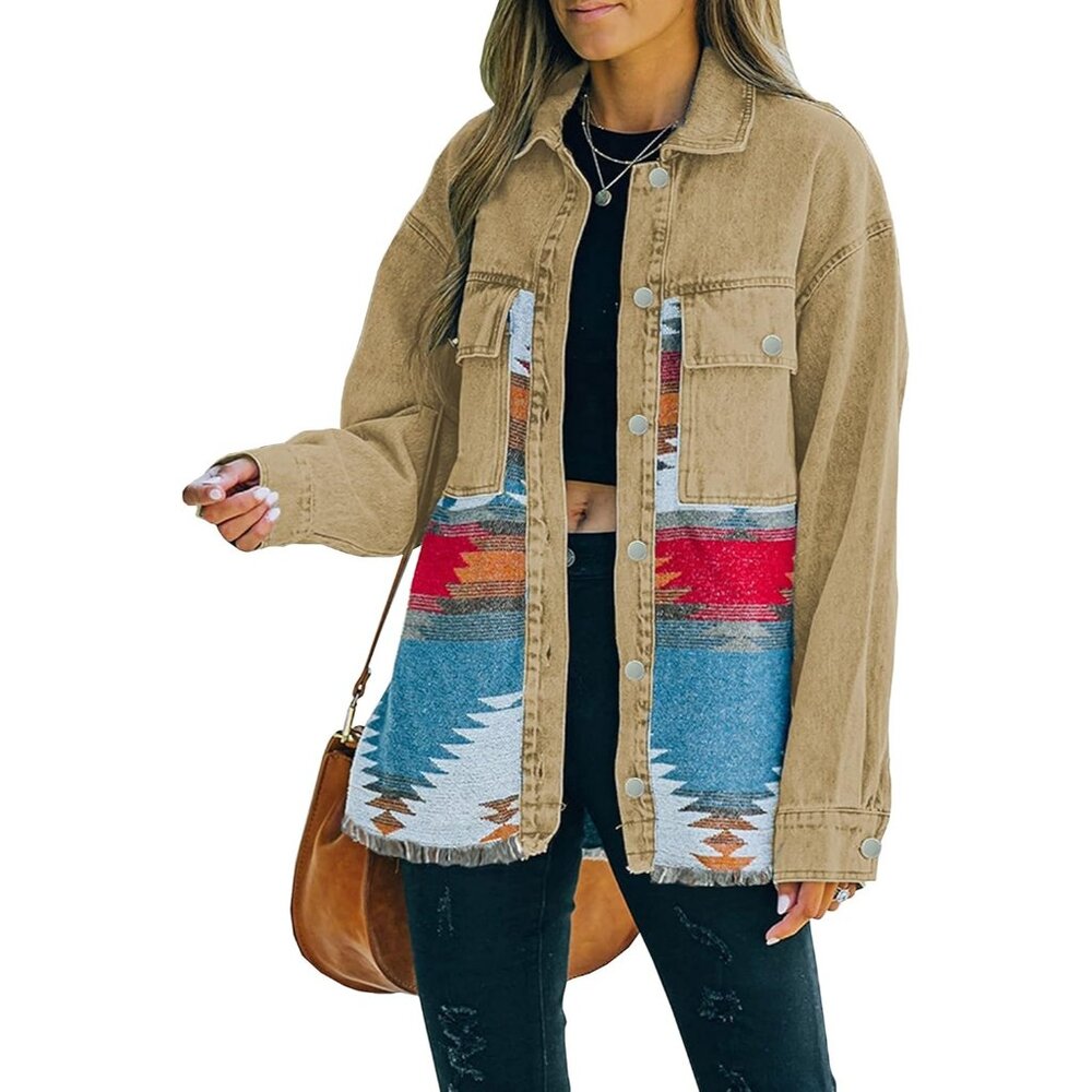 Women's Vintage Khaki Denim Jacket Distressed Lapel Long Sleeve Vintage Button